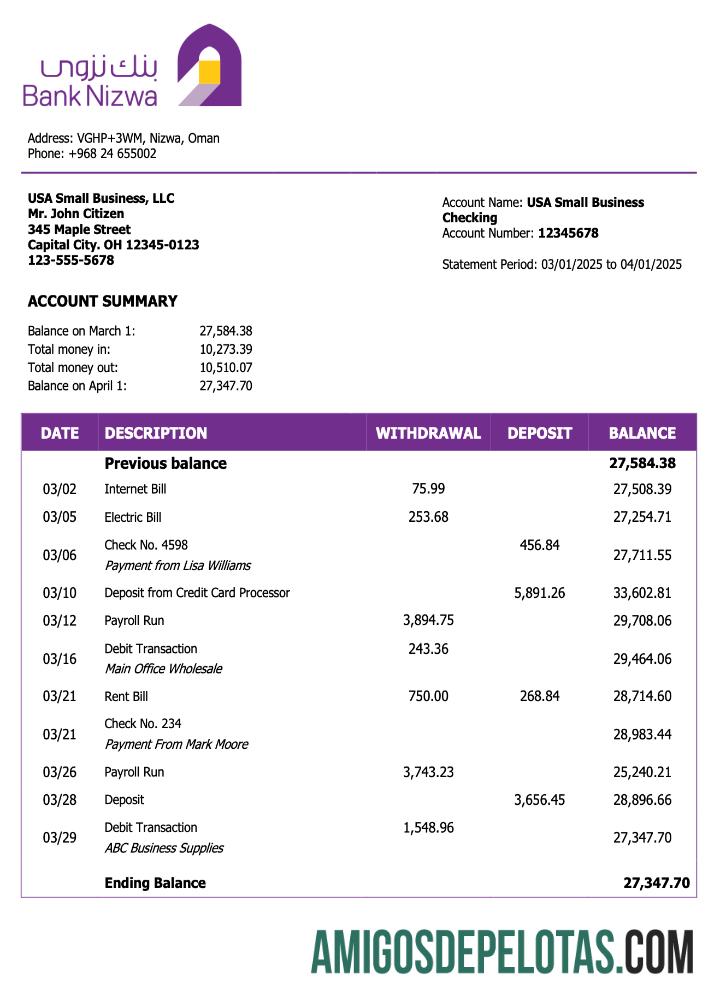 Baixável Omani Bank Nizwa Firm Statement Modelo Word e PDF